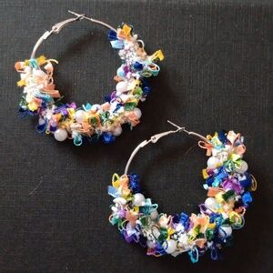💜HP! Boho Fabric Scrap & Faux Pearl Hoop Earrings New!